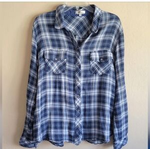 Kut from the kloth blue lightweight button down plaid long sleeve top
